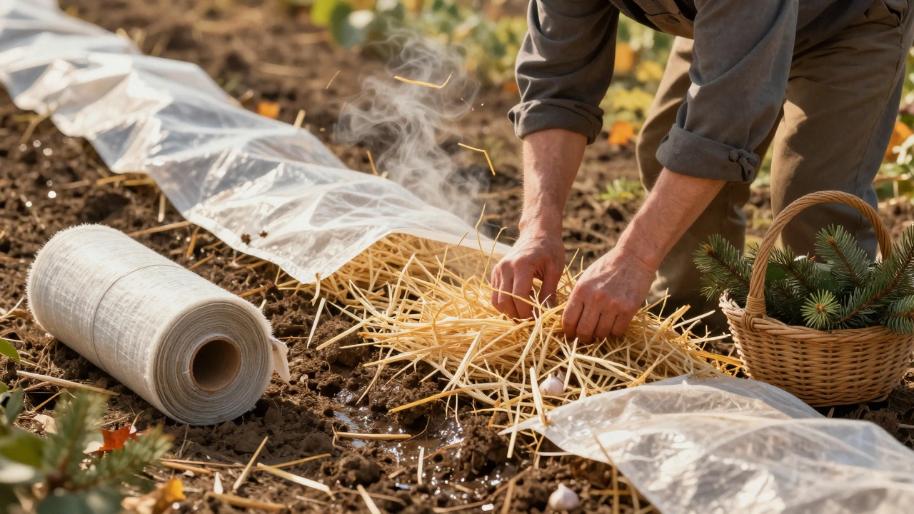 Садовник укладывает солому на чеснок в поздней осени, рядом лежат спанбонд и сухие ветки.
