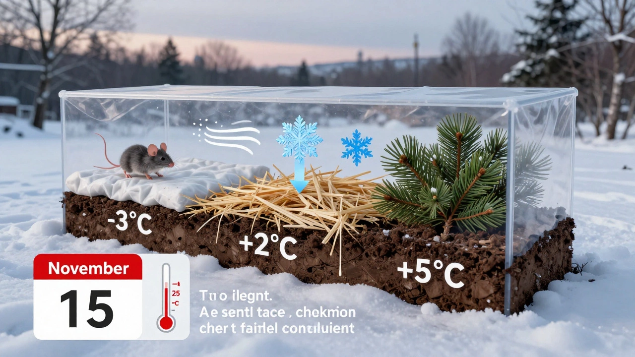 Схема защиты грядок зимой: слои утепления блокируют мороз, ветер и мышей, на фоне снежного пейзажа.
