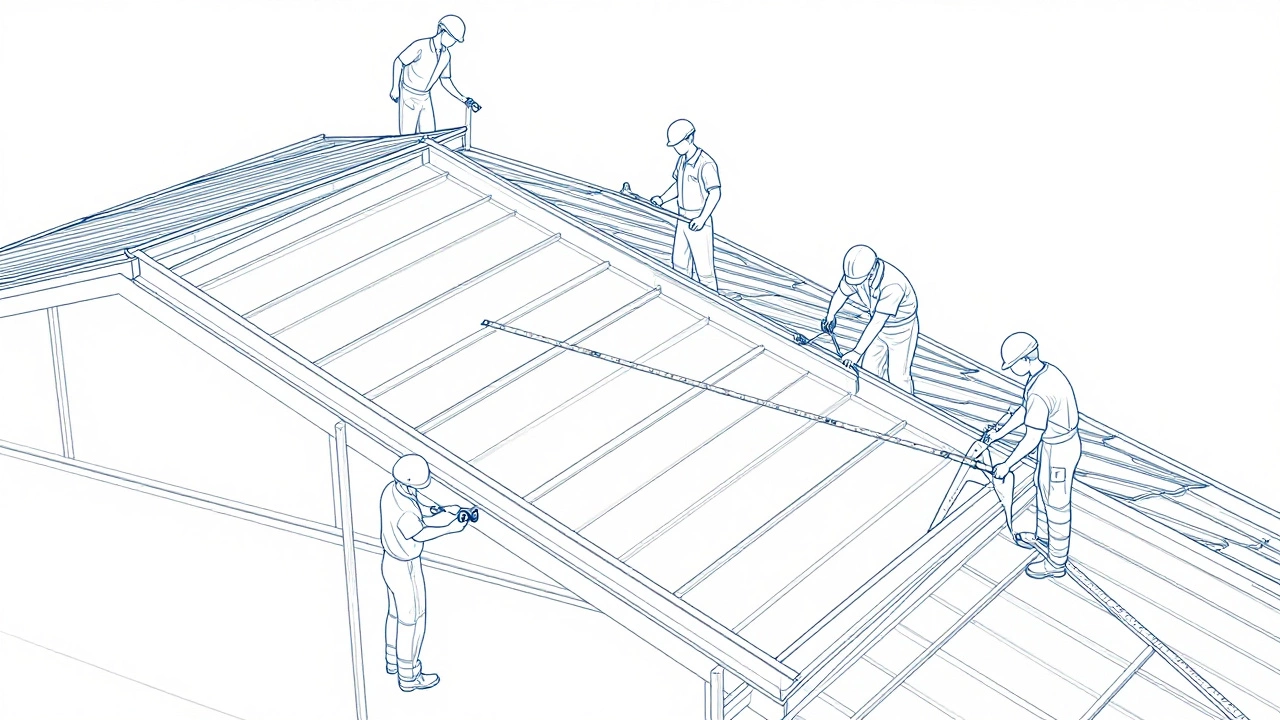 Сложная крыша с измерением участков рулеткой и транспортиром