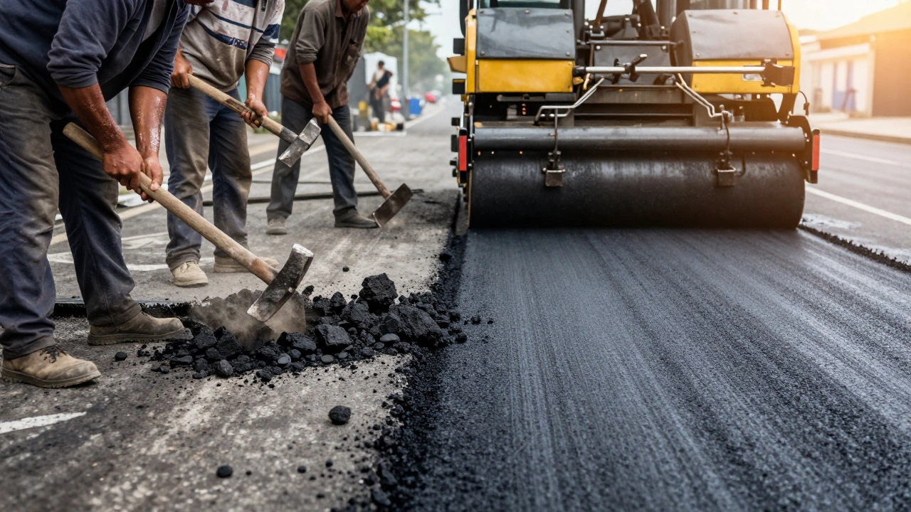 Сравнение ручного труда и механизированного снятия асфальта: хаос против точности.