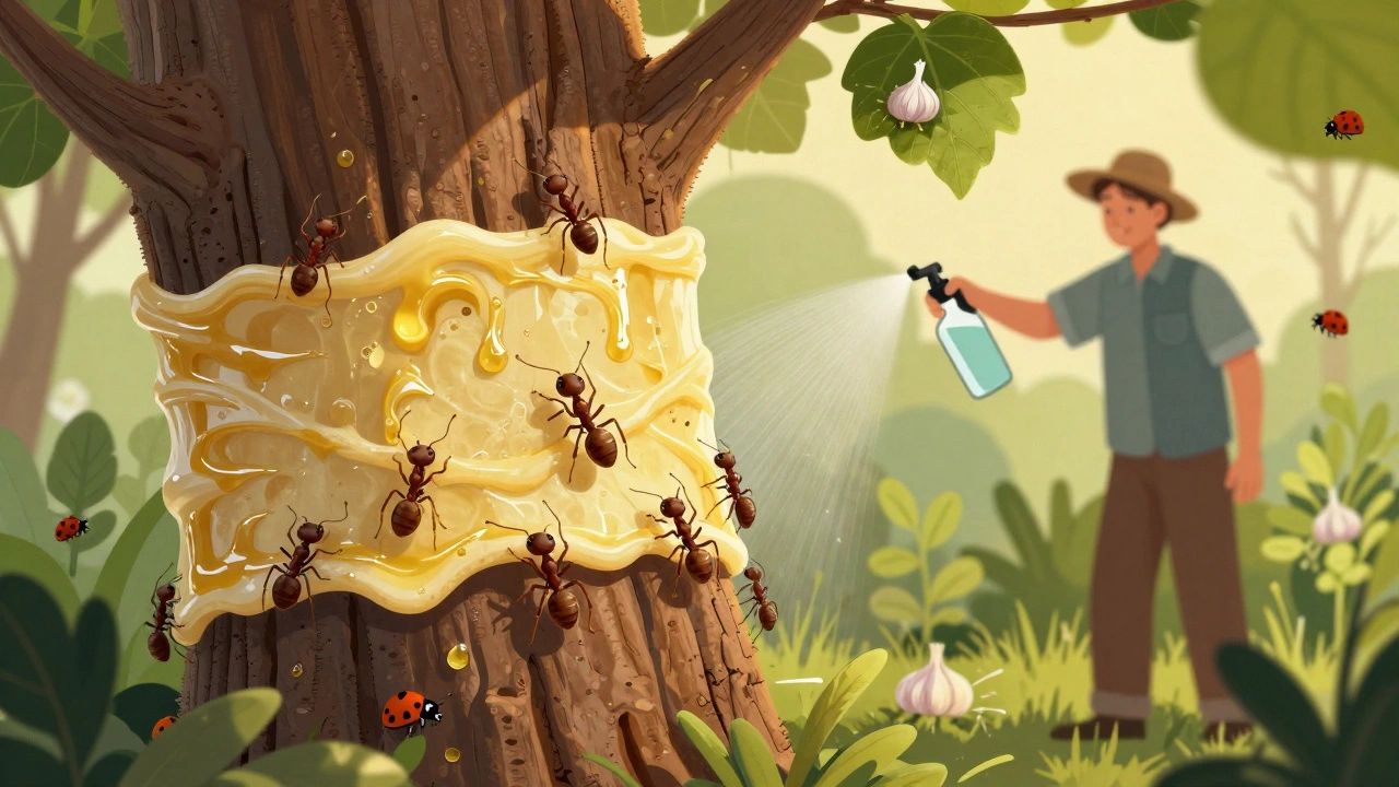 Ствол дерева обмотан липким барьером, муравьи не могут подняться, садовник опрыскивает листья.