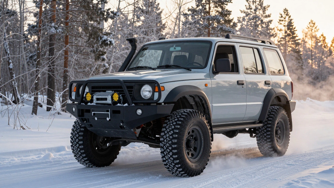 UAZ Patriot в снежной местности Татарстана с повышенной подвеской и внедорожными шинами.