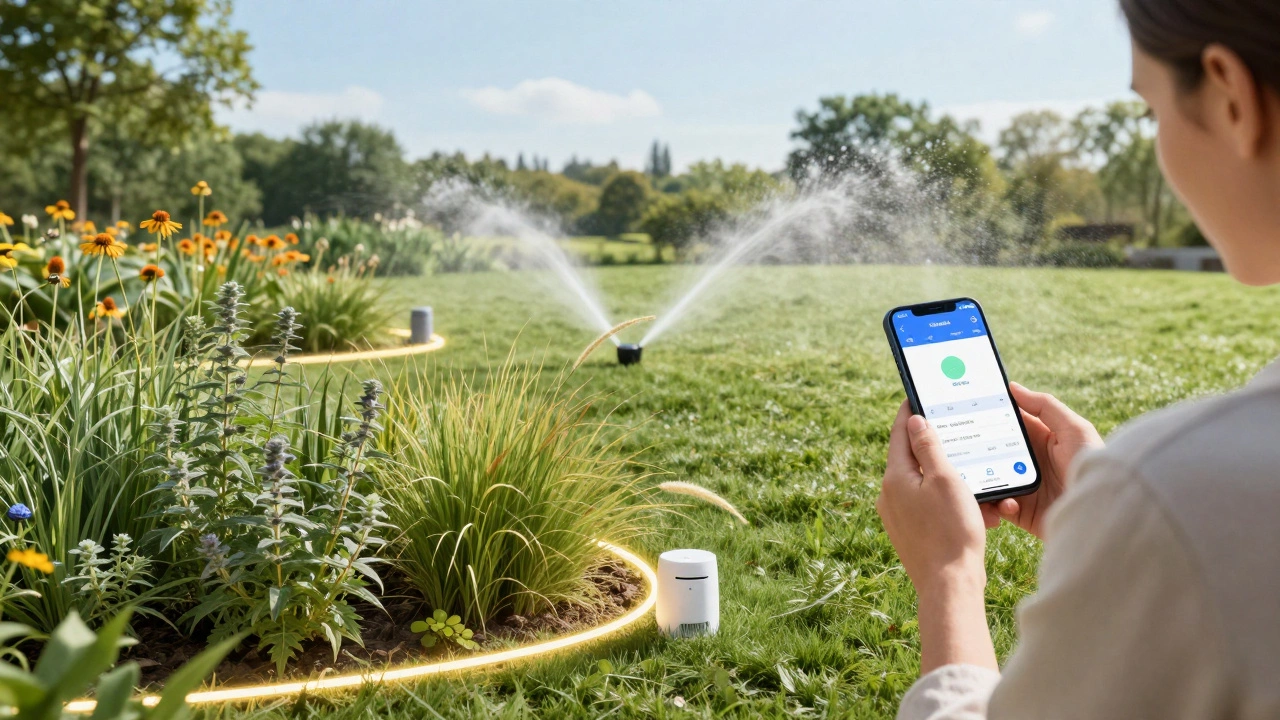 Умная система полива с LED-подсветкой зон и датчиками влажности почвы в саду.