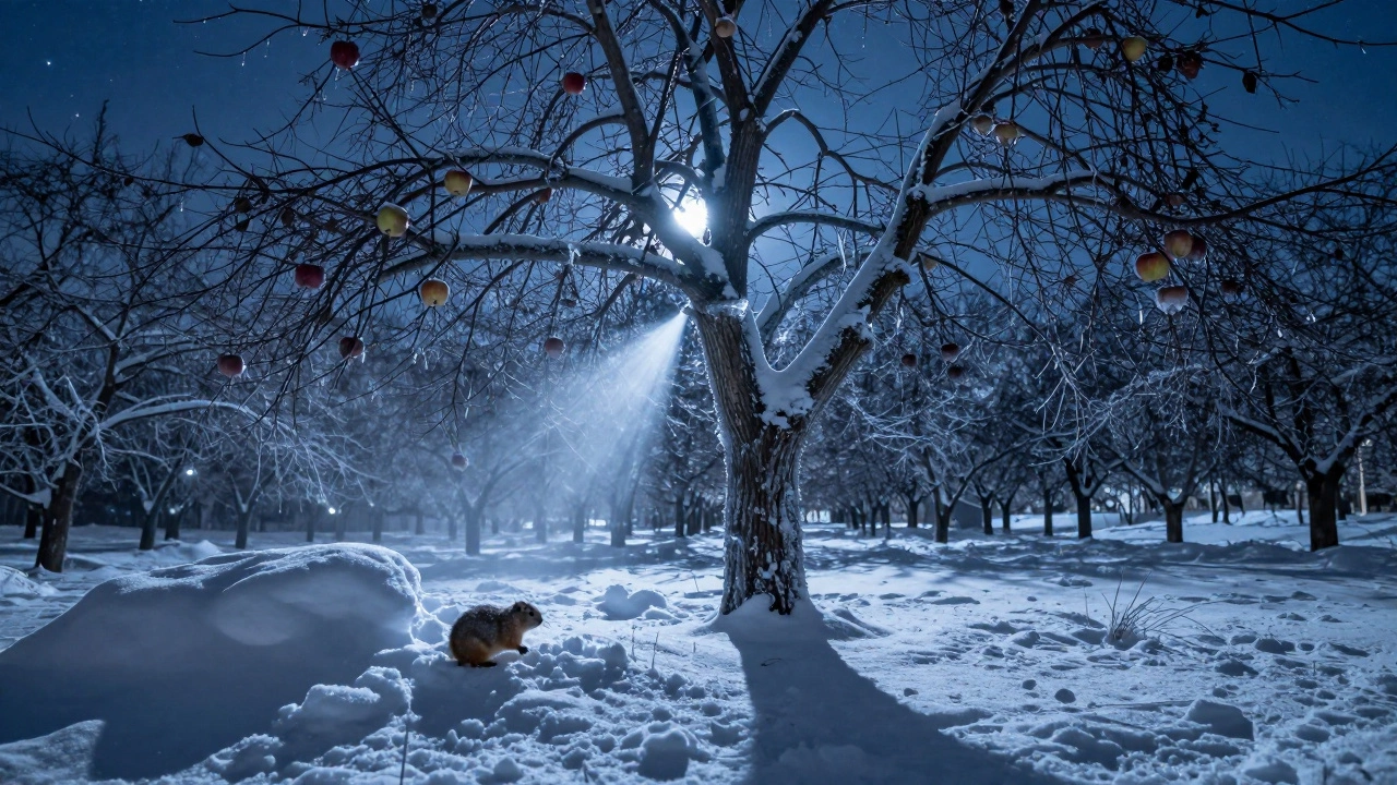 Замерзшее дерево с ледяной коркой на стволе и снежным укрытием у корней, под подозрительным взглядом мыши у края снега.