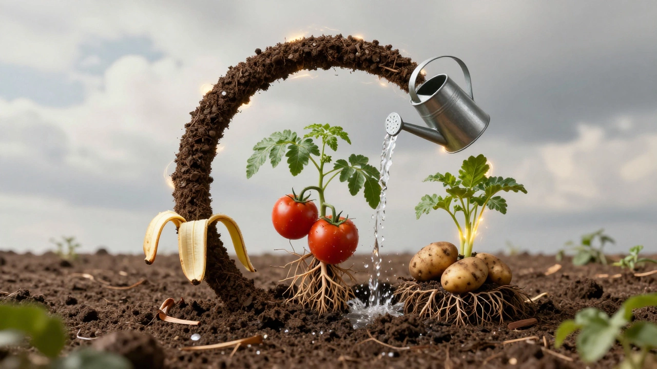 Цикл переработки отходов в удобрение: банановые корки, зола и отвар картофеля питают растения.