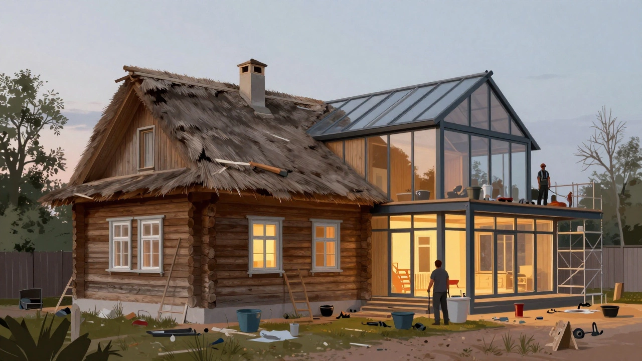 Дом наполовину старый, наполовину новый — строители добавляют второй этаж к деревянной постройке.