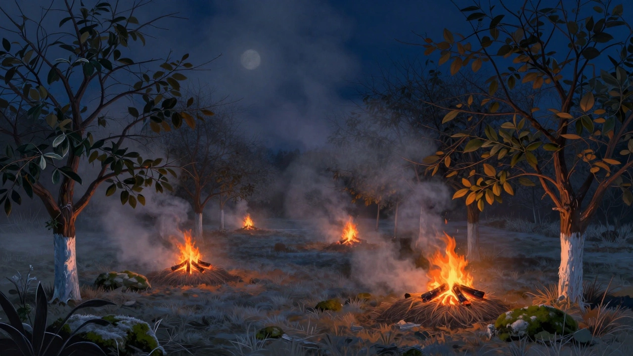 Дымовые костры для защиты деревьев от весеннего заморозка.