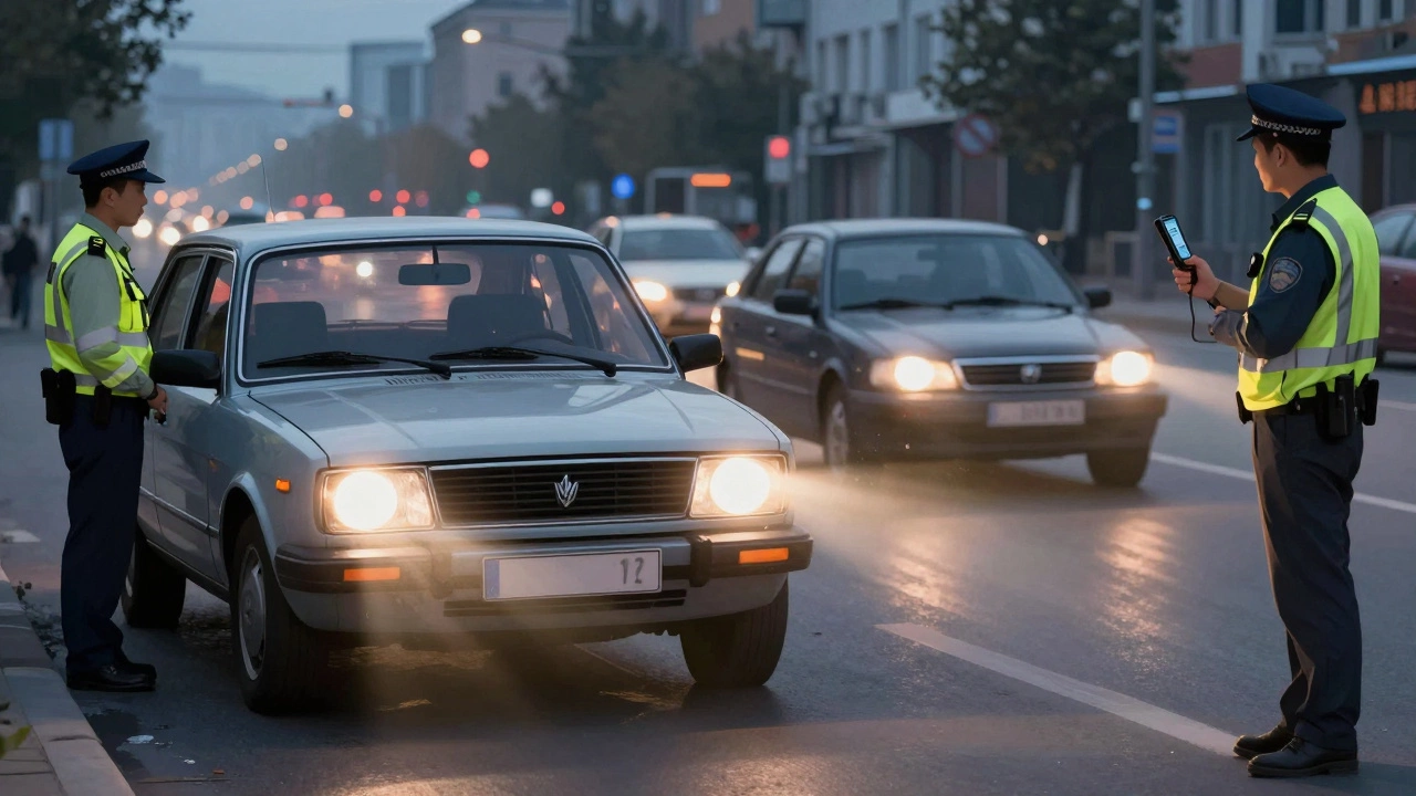 Lada Vesta с незаконными ксеноновыми фарами, ослепляющими встречную машину, на фоне улицы в сумерках.
