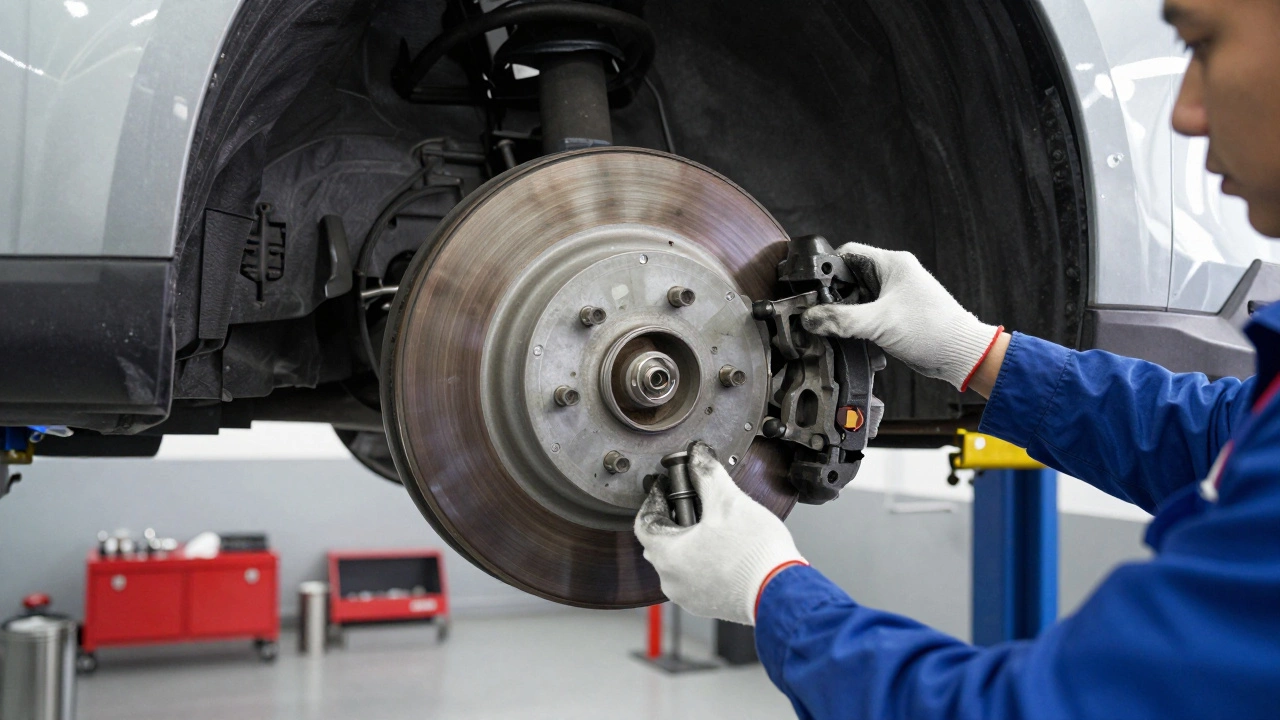 Мастер проводит установку тормозных колодок в автосервисе