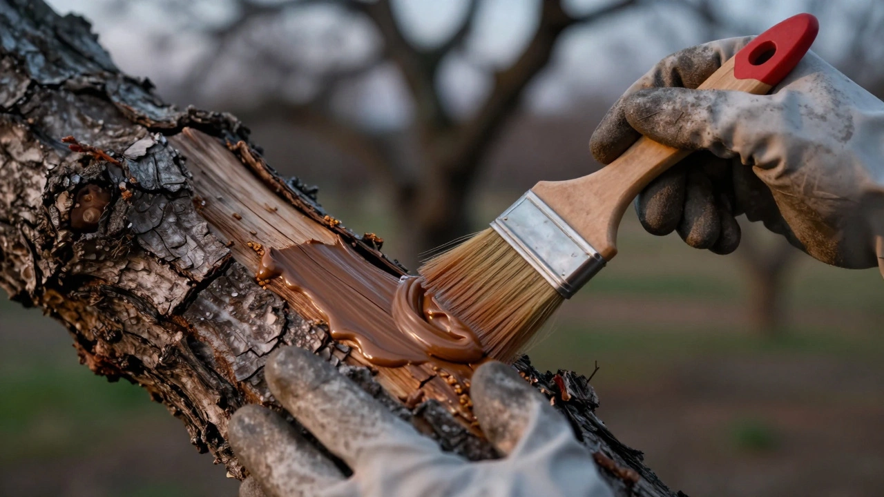 Нанесение садового вара на рану дерева для защиты от холода.