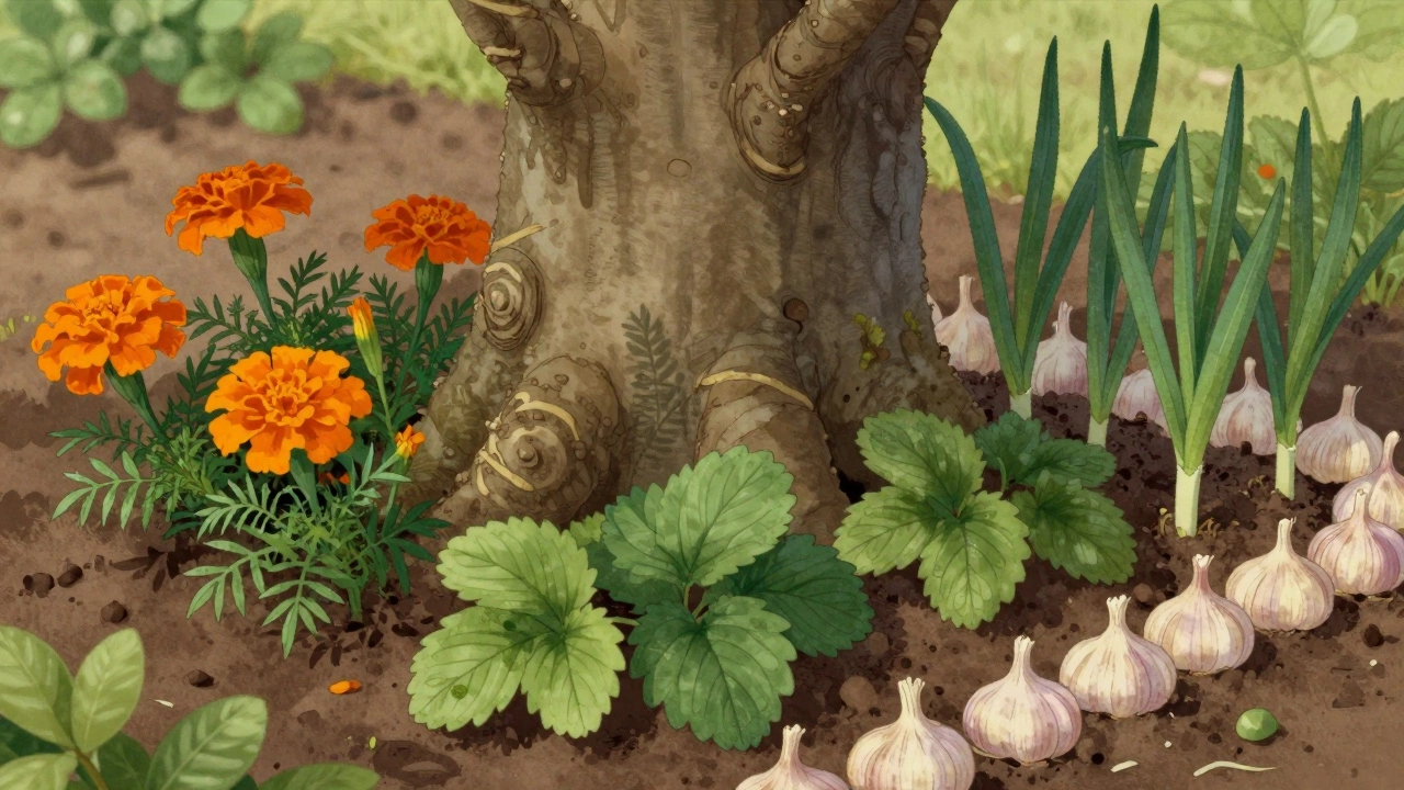 Полезные травы и цветы вокруг ствола дерева