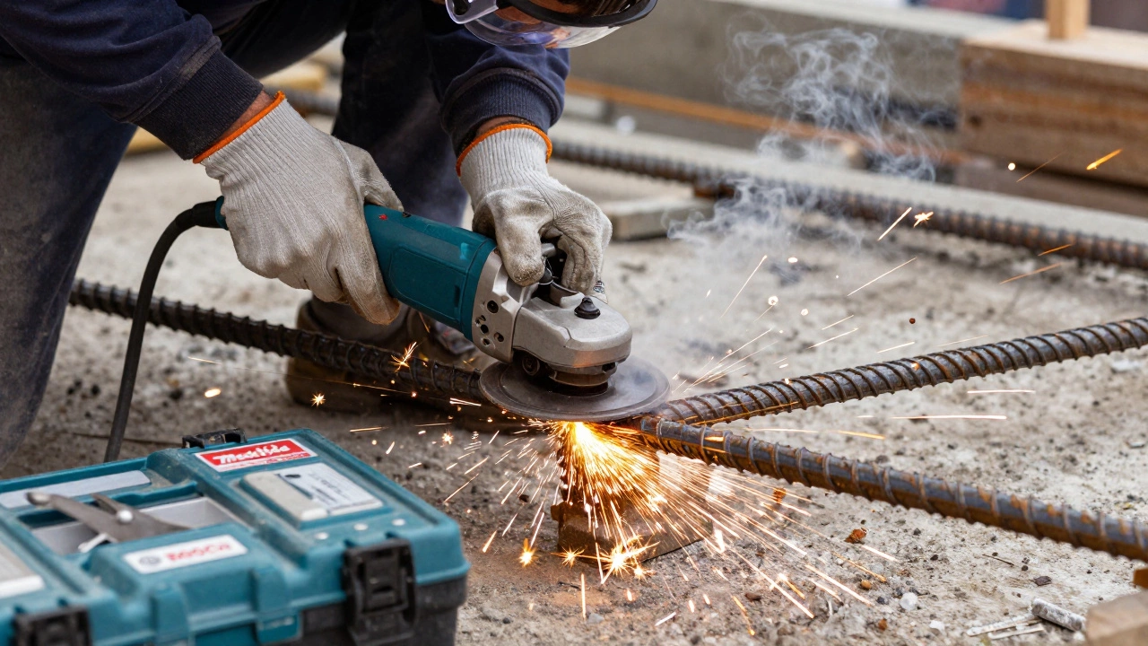 Профессионал использует болгарку, искры летят при резке арматуры на стройке.