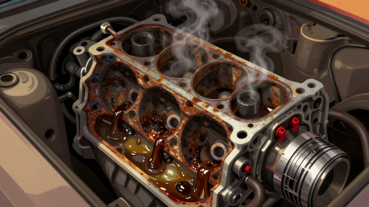 Разрез двигателя с коррозией, нагаром и смолистыми отложениями после трех лет стоянки.