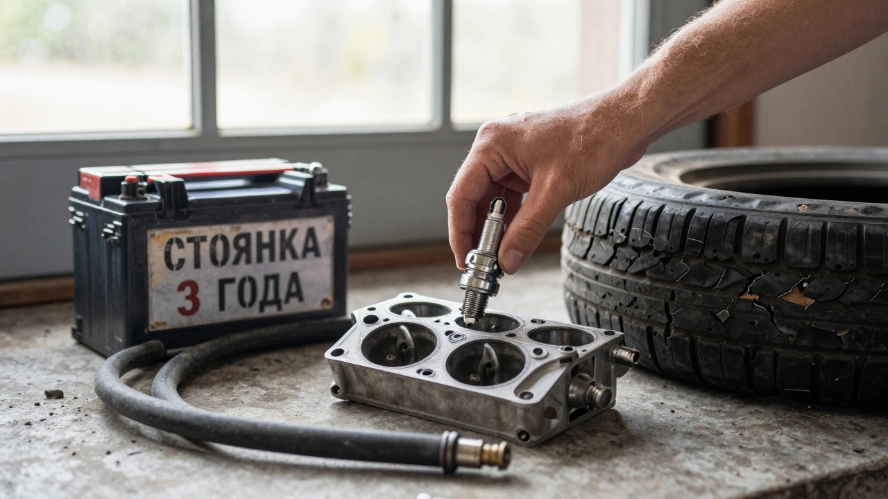 Рука устанавливает новую свечу в двигатель, рядом — сломанные детали и надпись 'СТОЯНКА 3 ГОДА'.