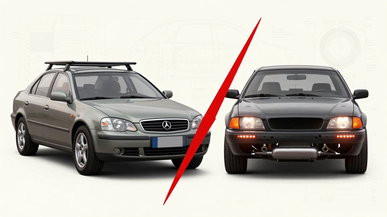 Сравнение легального и нелегального тюнинга: слева — разрешённые изменения, справа — запрещённые с красной запрещающей чертой.