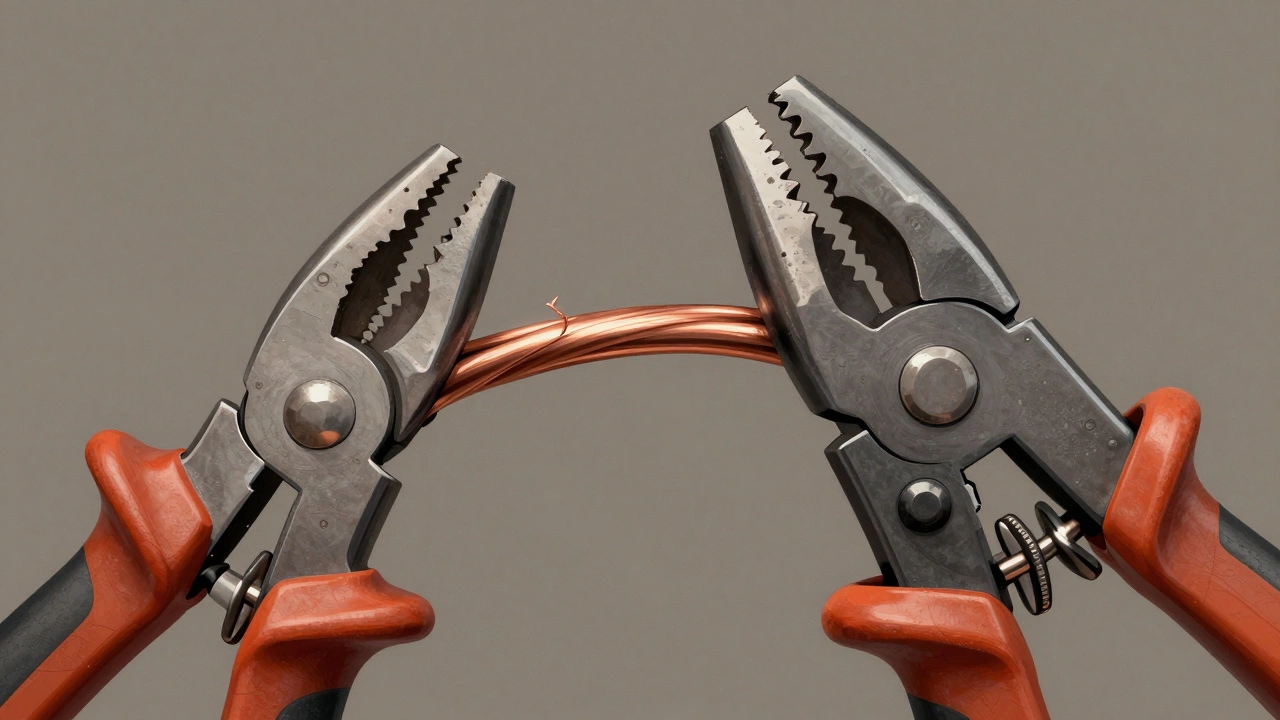 Сравнение: обычные плоскогубцы ломаются, а усиленные кусачки аккуратно режут медный кабель.