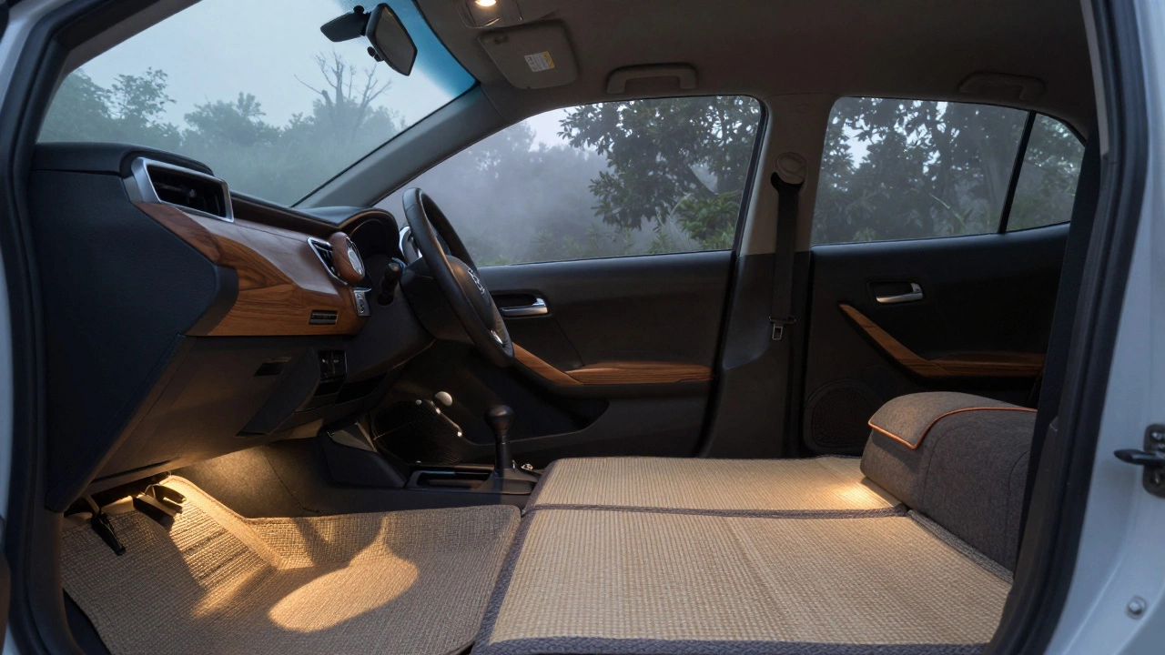 Toyota Corolla с матовыми деревянными вставками и льняными ковриками, создавая атмосферу уюта и тишины.