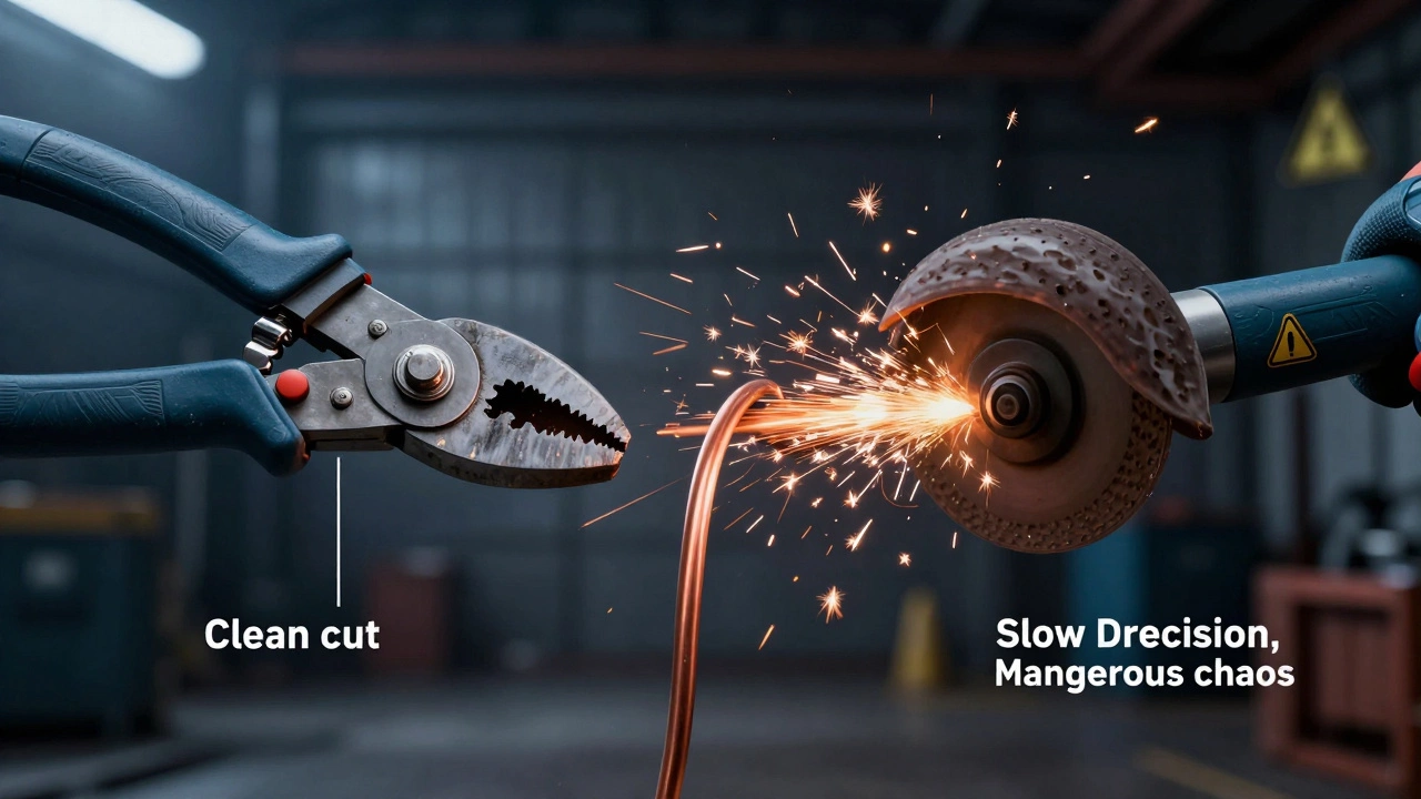 Три инструмента для резки медного кабеля: гидравлические кусачки, ножовка и болгарка — с эффектами реза.