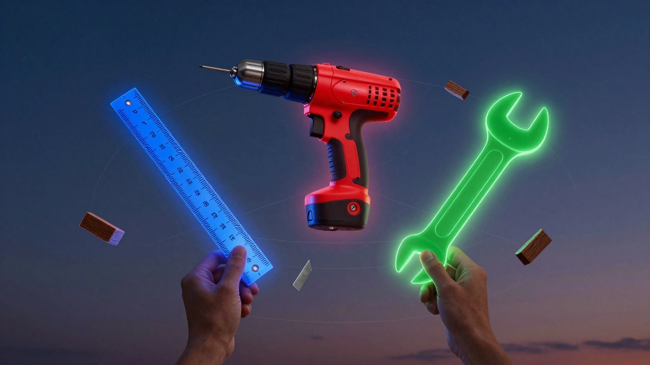 Три инструмента — линейка, дрель и ключ — светятся, формируя основу строительства.