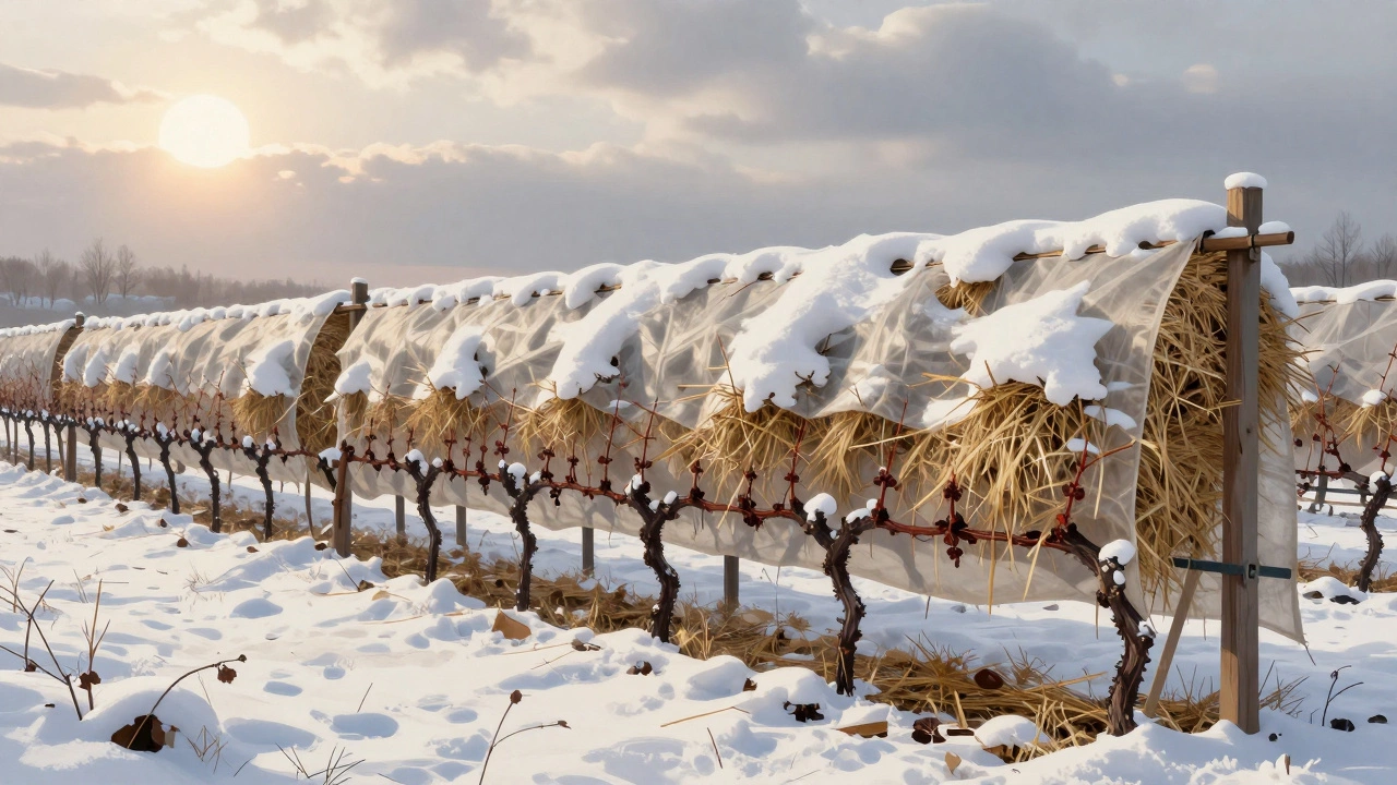 Виноградные лозы укрыты двумя слоями агроволокна и соломой в Татарстане.
