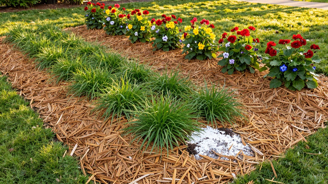 Цветник с аккуратным слоем мульчи из коры и травы в лучах солнца
