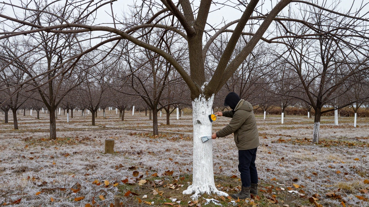 Побелка ствола дерева известью в осеннем саду для защиты от вредителей