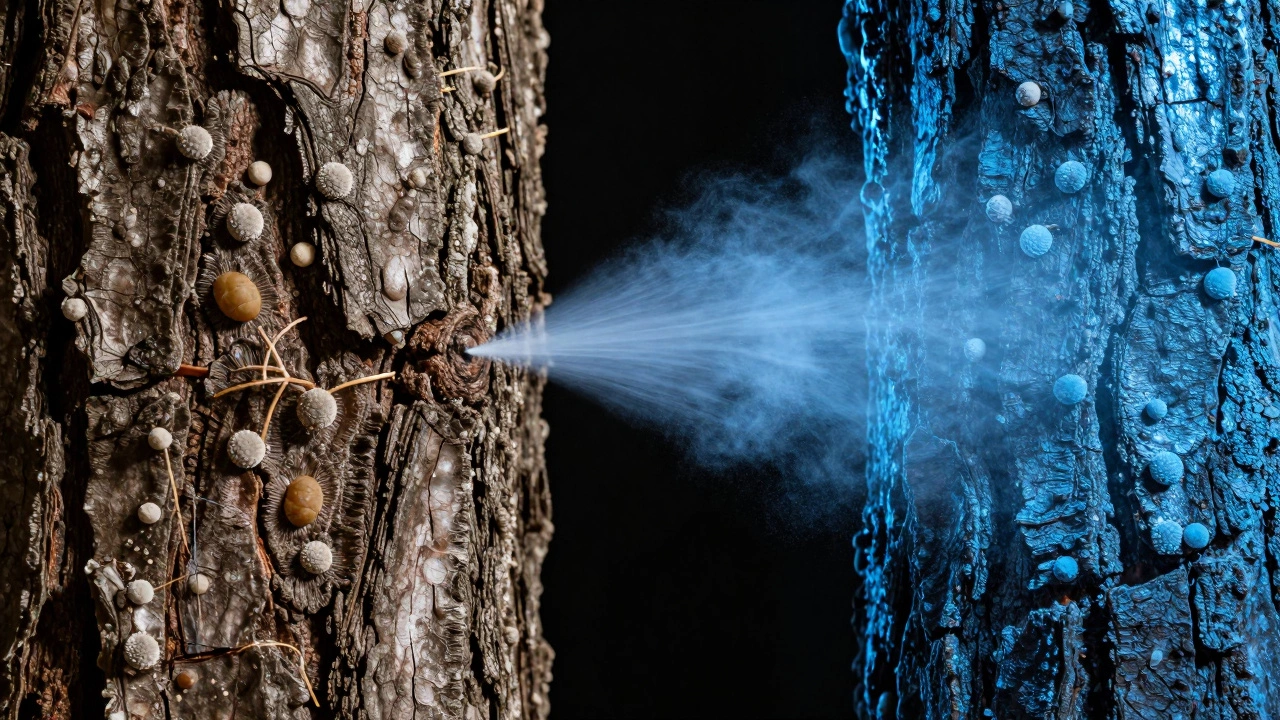 Процесс обработки коры дерева фунгицидом для борьбы с грибками и вредителями