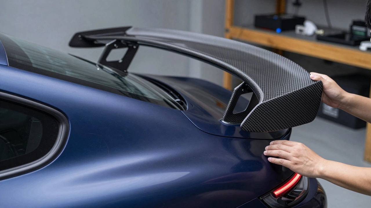 Процесс установки спойлера, который продолжает плавную линию кузова автомобиля