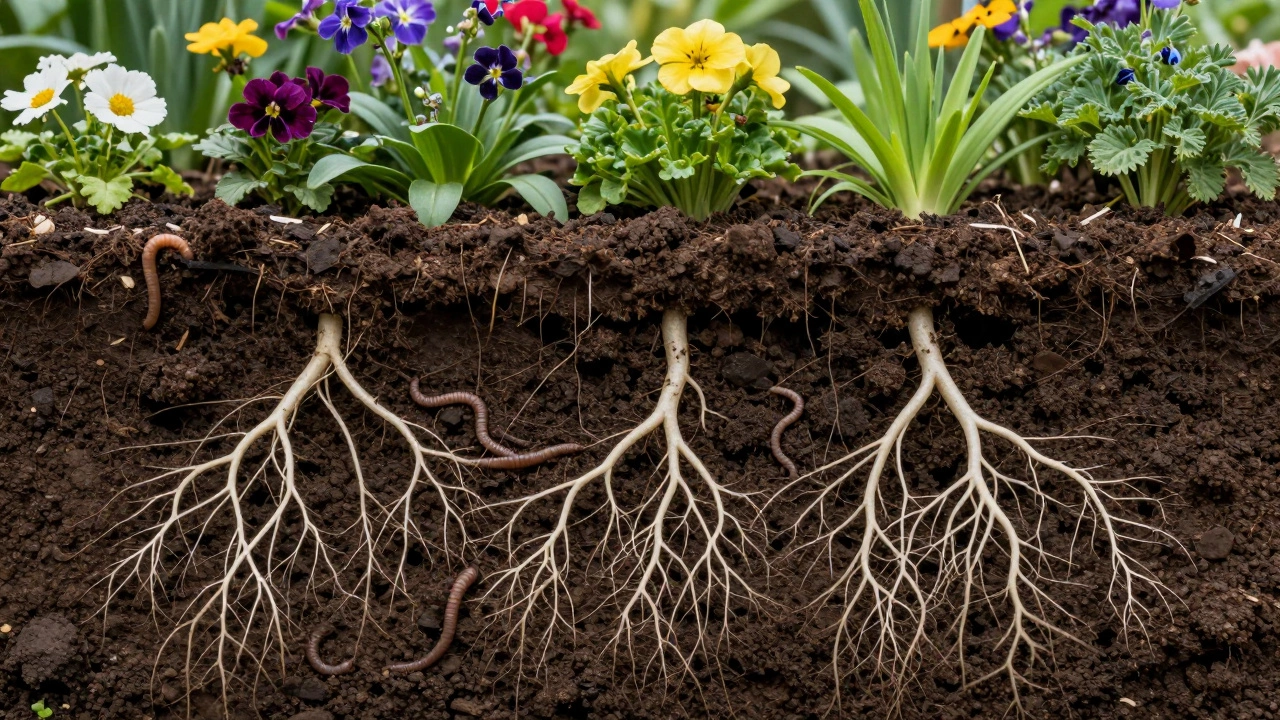 Разрез почвы с развитыми корнями растений и дождевыми червями