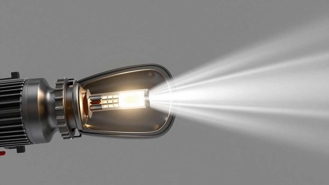 Сравнение фокусировки света галогенной лампы и светодиода в линзе фары