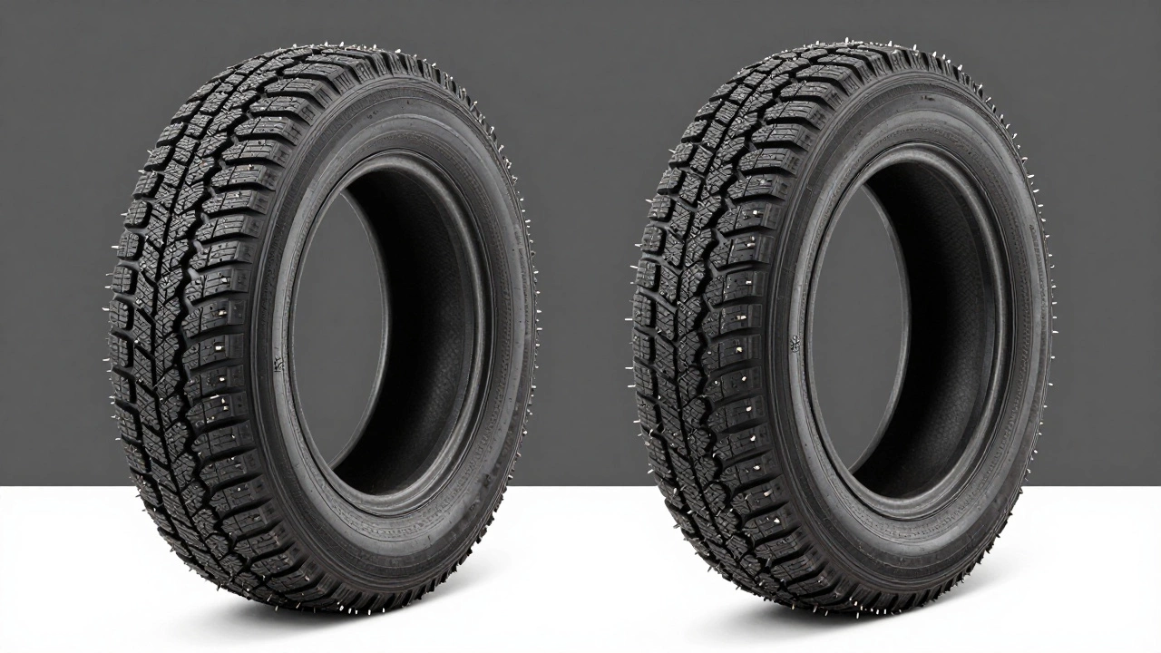 Сравнение протектора фрикционной и шипованной зимней резины со значком снежинки