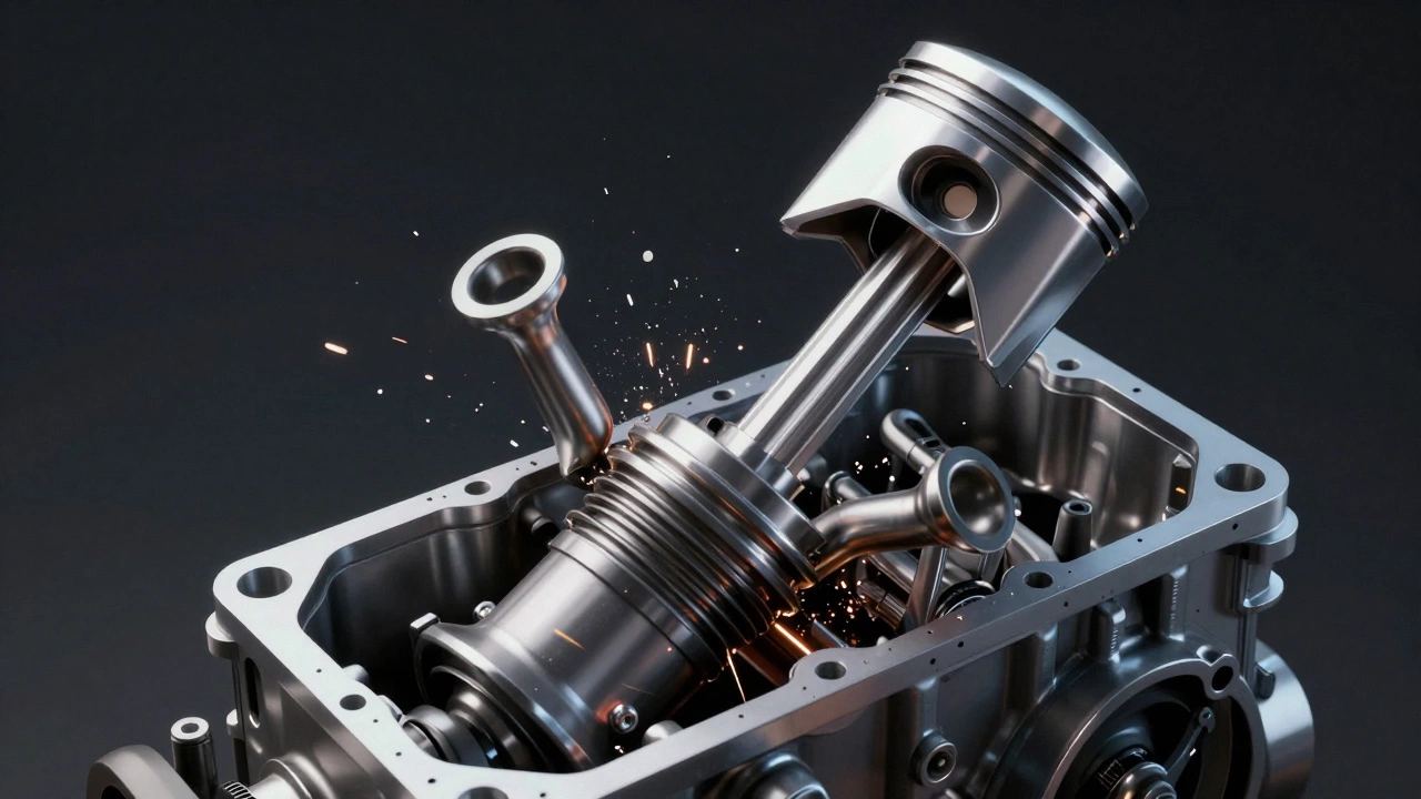 Столкновение поршня с загнутым клапаном внутри цилиндра двигателя