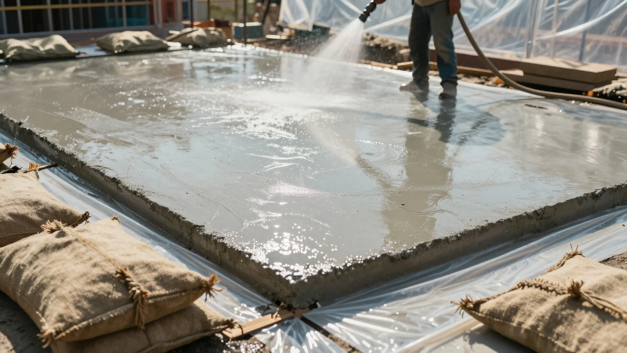 Уход за свежезалитой бетонной плитой с использованием пленки и увлажнения
