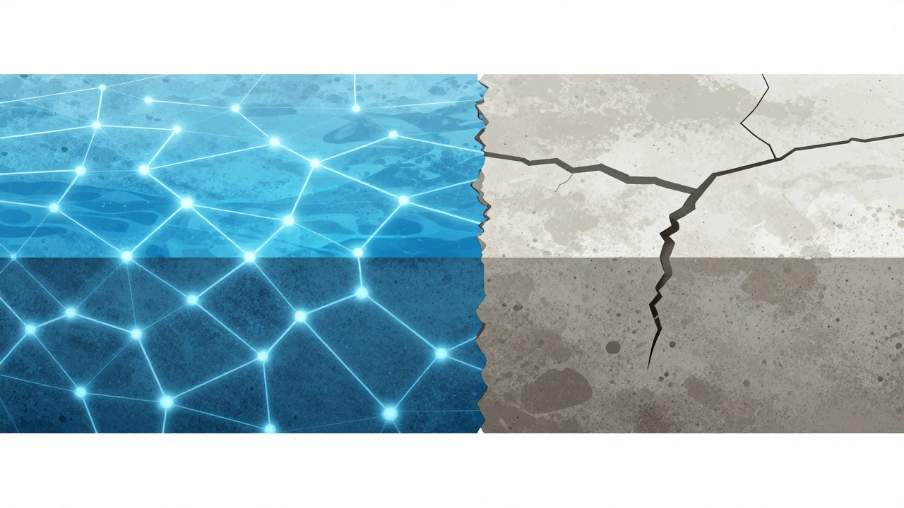 Схема сравнения здорового и пересохшего бетона с трещинами
