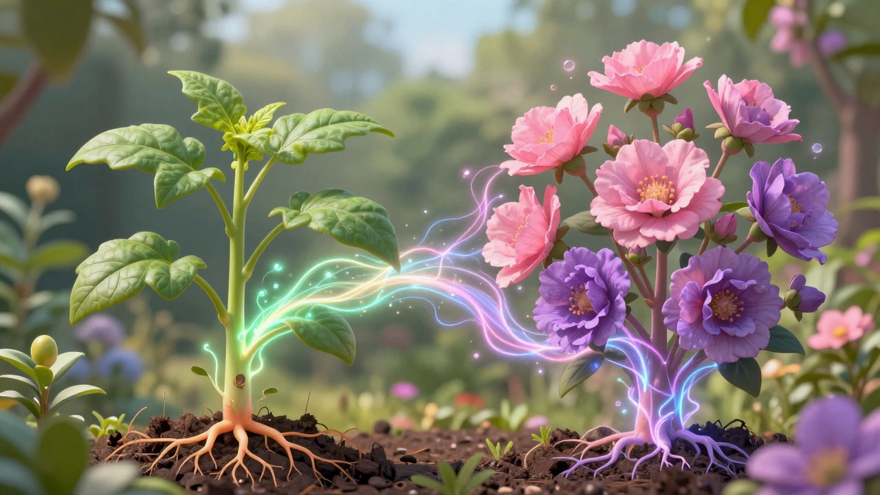 Artistic visualization of nutrients flowing from roots to colorful flowers