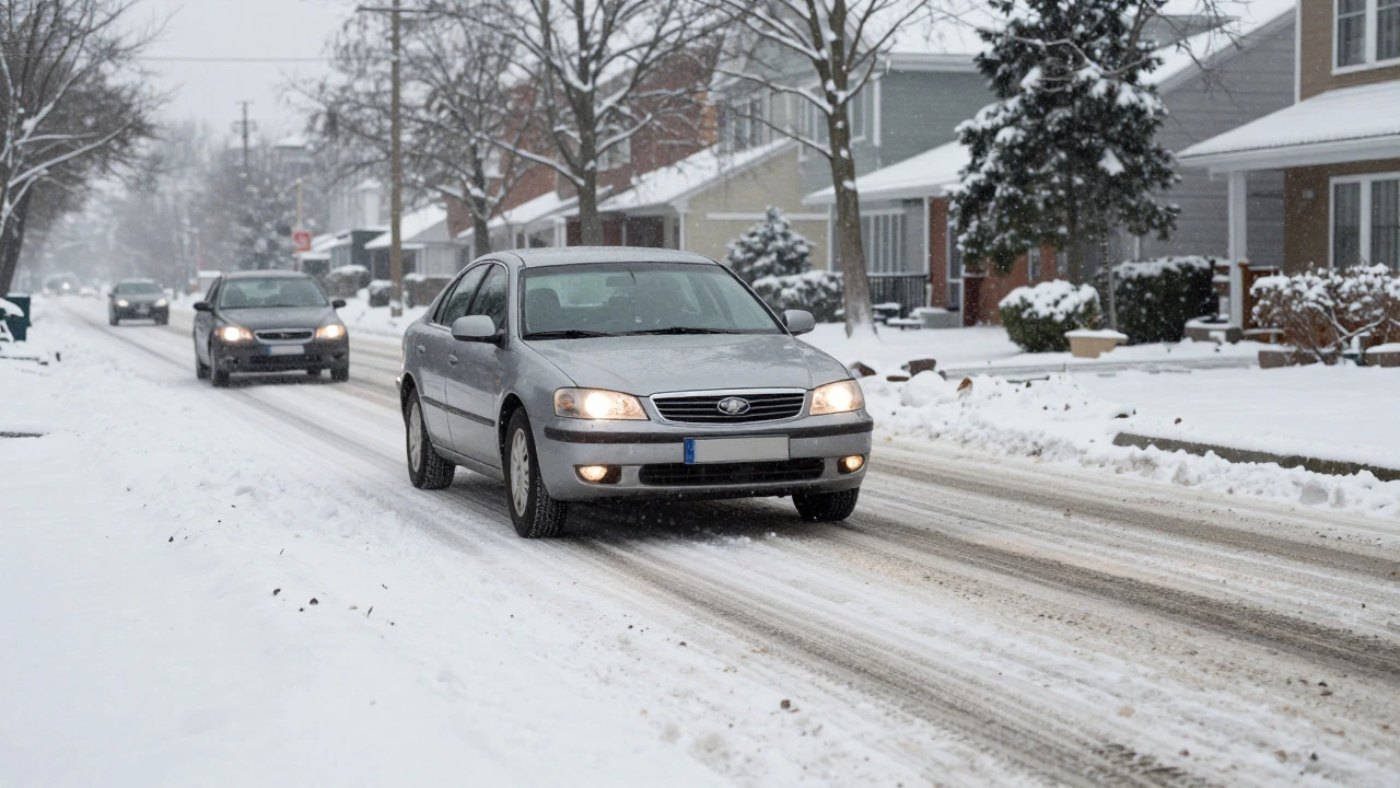 Car driving cautiously on a snowy suburban road with increased following distance