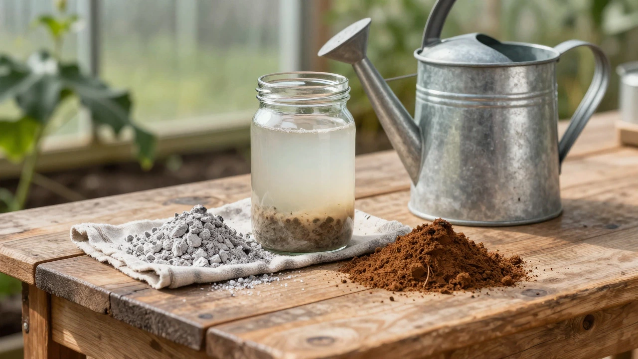 Organic fertilizer ingredients including wood ash and liquid mix on a table
