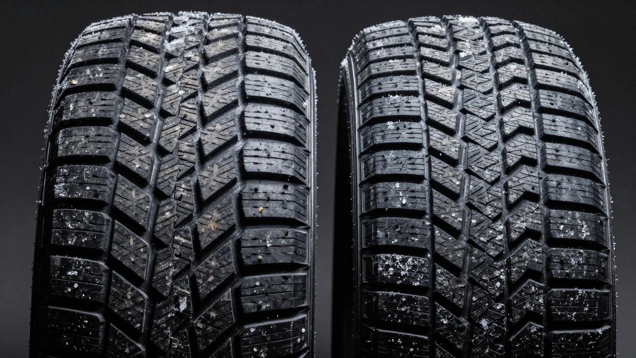 Side-by-side macro comparison of all-season and winter tire treads