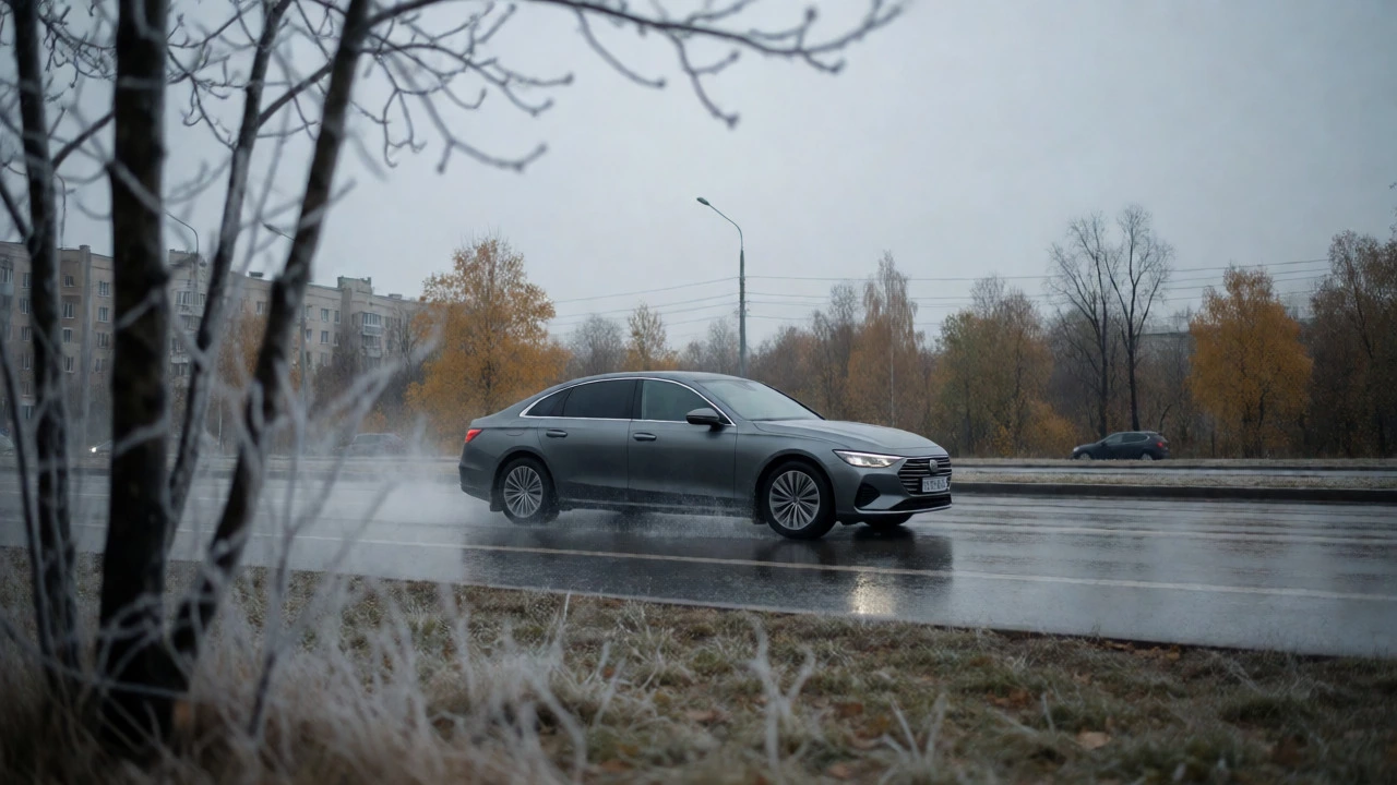 Автомобиль на скользкой дороге в пасмурную погоду
